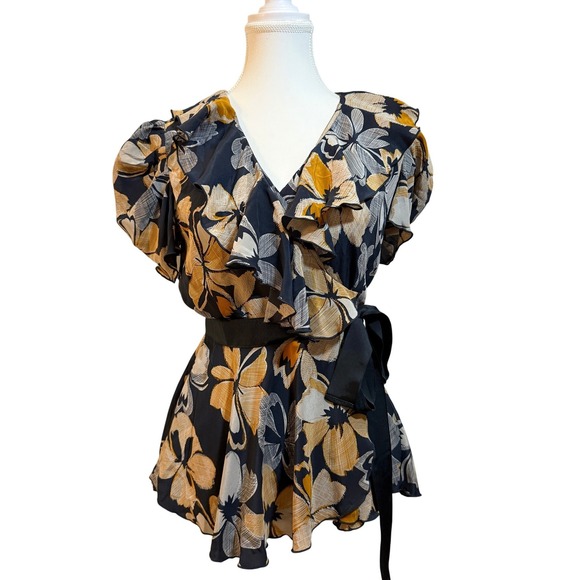 Anna Sui Tops - Anna Sui Anthropologie Wrap Top Womens 2 Navy Yellow Floral Silk Ruffle Flutter